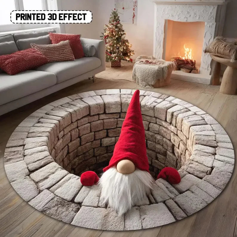 Runder Weihnachtsteppich mit Wichtel in 3D-Optik für Wohnzimmer und Haustür – Ø 40 bis 120 cm, Flanell, rutschfest, waschbar, 6 Motive