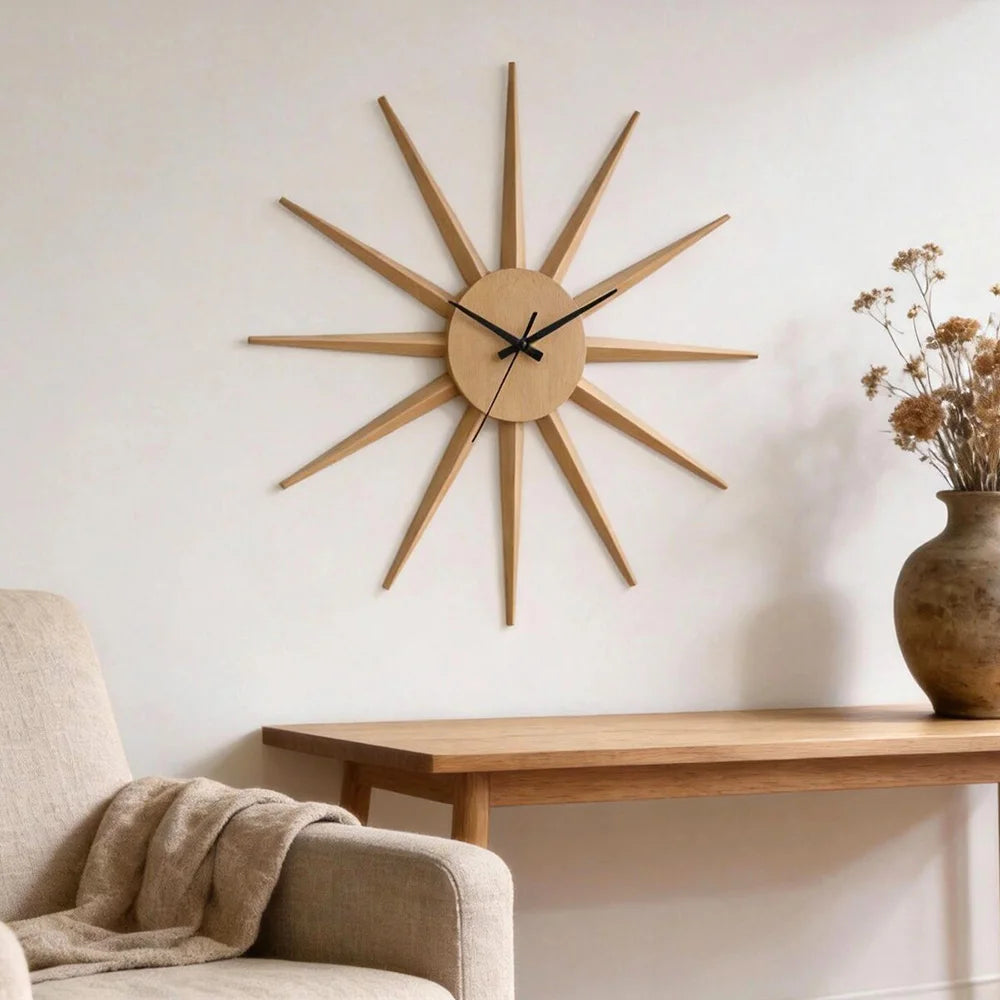 Sonnen-Wanduhr aus Walnussholz mit 12 Speichen im Mid-Century-Stil für Wohnzimmer und Eingangsbereich – 72 × 72 cm, lautlos, 2 Ausführungen