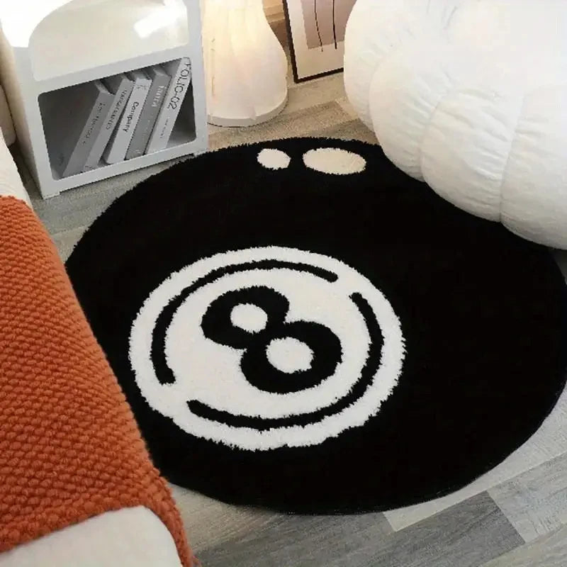Runder Flanellteppich im Design der schwarzen Billardkugel 8 für Wohnzimmer, Schlafzimmer und Spielecke – Ø 60 bis 160 cm, schwarz-weiß, rutschfest