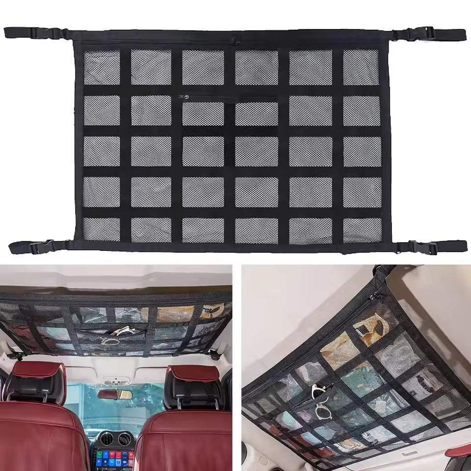 Auto-Deckennetz mit Reißverschluss für Campingausrüstung, Handtücher und Spielzeug – 70 × 50 bis 90 × 65 cm, doppellagig, an den Dachgriffen