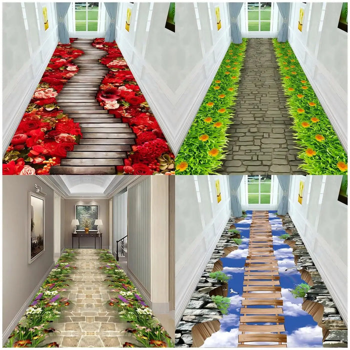 Läufer mit 3D-Blumen- und Landschaftsmotiv für Flur, Wohnzimmer und Eingang – 60 × 200 bis 90 × 400 cm, Kristallsamt, rutschfest, 16 Motive