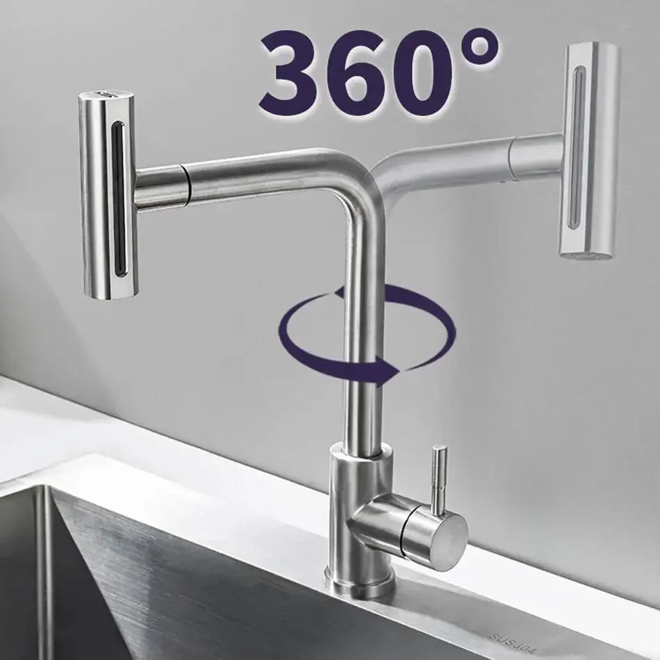 Ausziehbare Küchenarmatur aus Edelstahl 304 mit Schwenk-Sprühkopf für die Spüle – 360° drehbar, Wasserfall- und Brausestrahl, Einhebelmischer, Gold