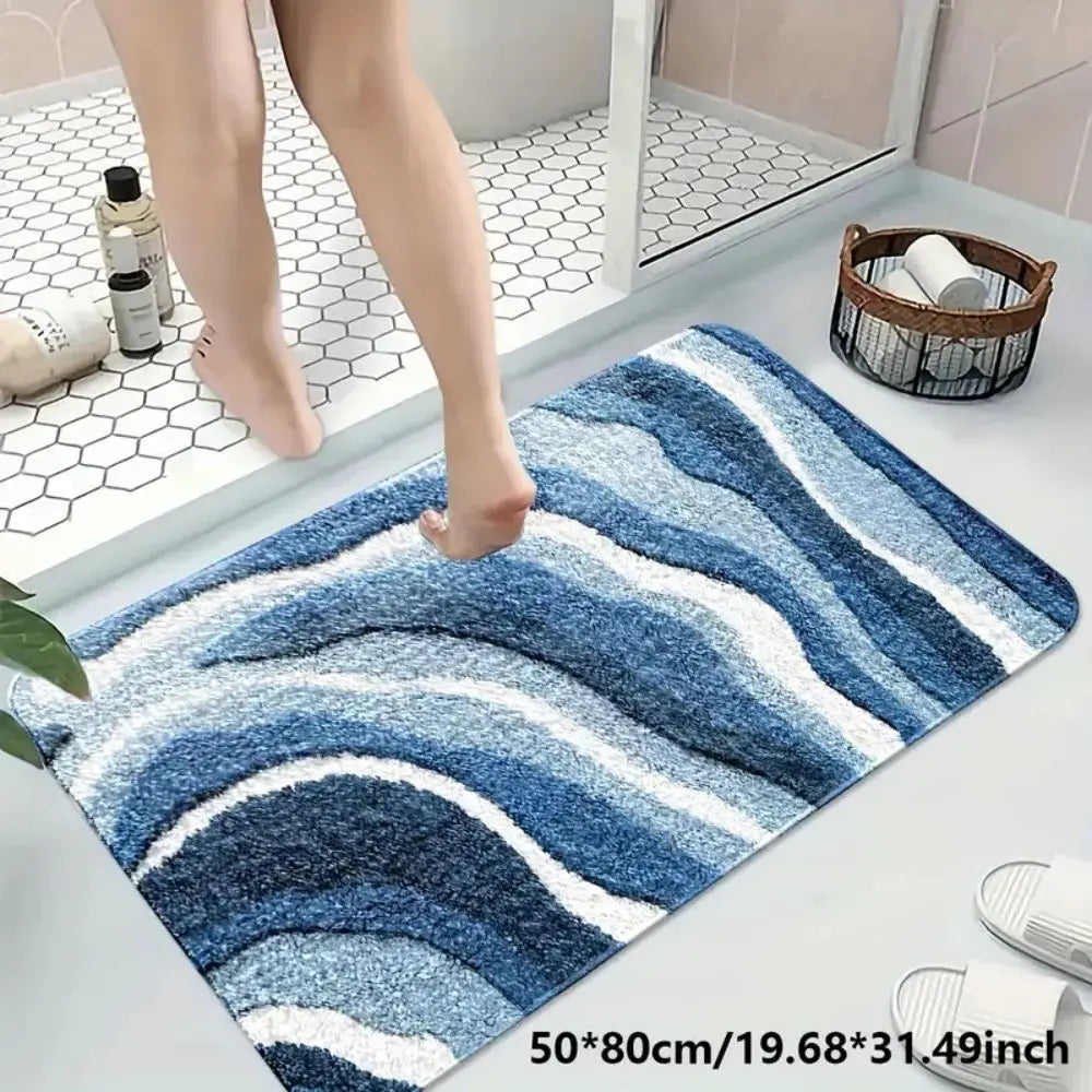 Badematte mit blauem Wellenmotiv für Bad, Wohnzimmer und Schlafzimmer – 40 × 60 bis 45 × 120 cm, Flanell, weich, saugfähig, rutschfest