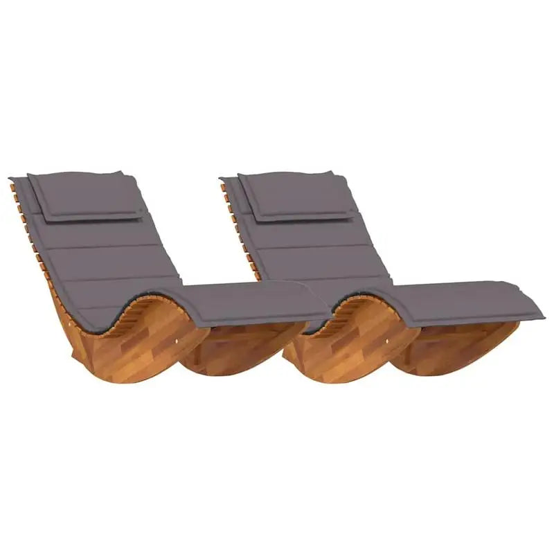 Schaukel-Sonnenliegen aus massivem Akazienholz mit Auflage für Garten, Terrasse und Pool im 2er-Set – Lattengestell, Kopfkissen, Auflage Dunkelgrau