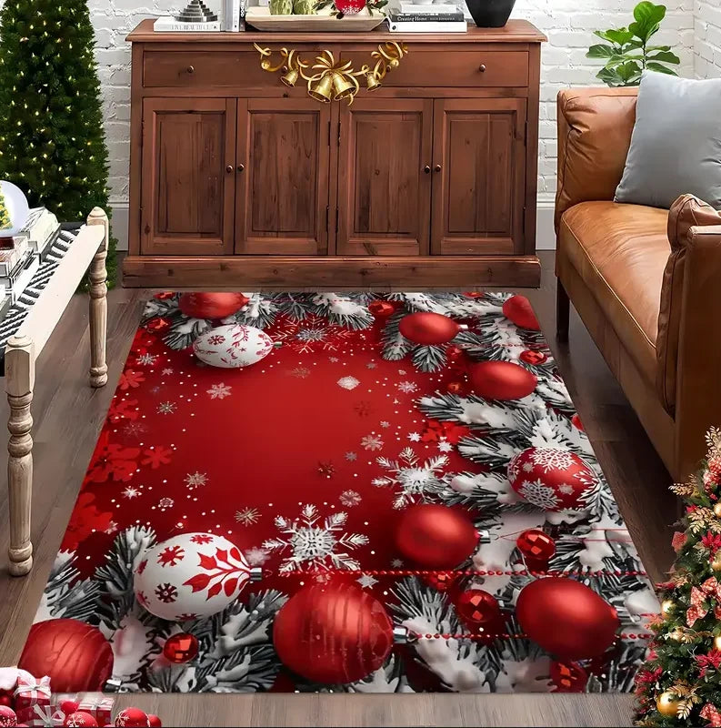 Weihnachtsteppich in Rot mit Christbaumkugeln, Tannenzweigen und Schneeflocken für Wohnzimmer und Haustür – 40 × 60 bis 120 × 160 cm, rutschfest