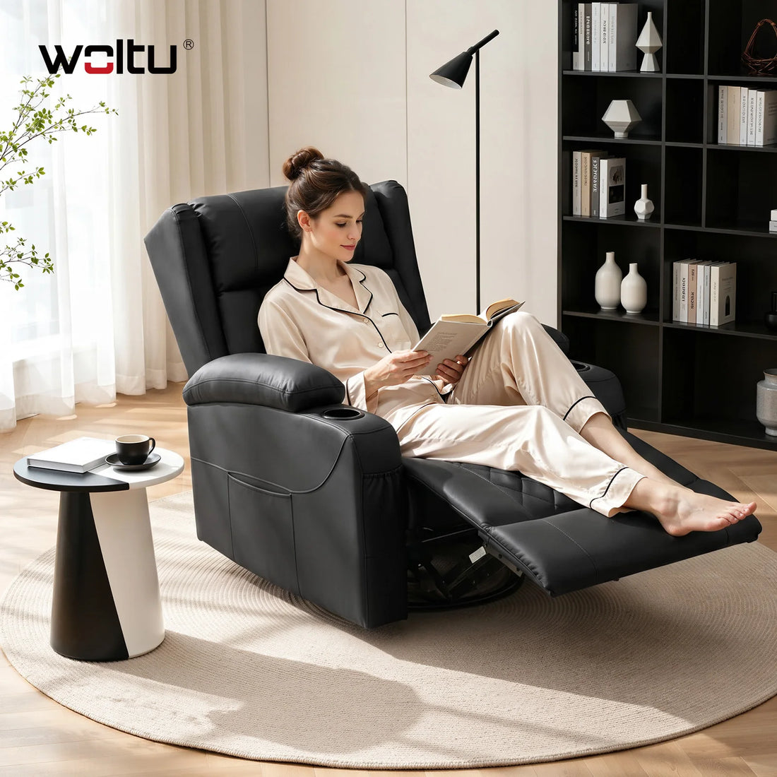 Drehbarer Relaxsessel mit verstellbarer Rückenlehne und Fußstütze für Wohnzimmer und Schlafzimmer – 87 × 94,5 × 103,5 cm, Getränkehalter, 3 Bezüge