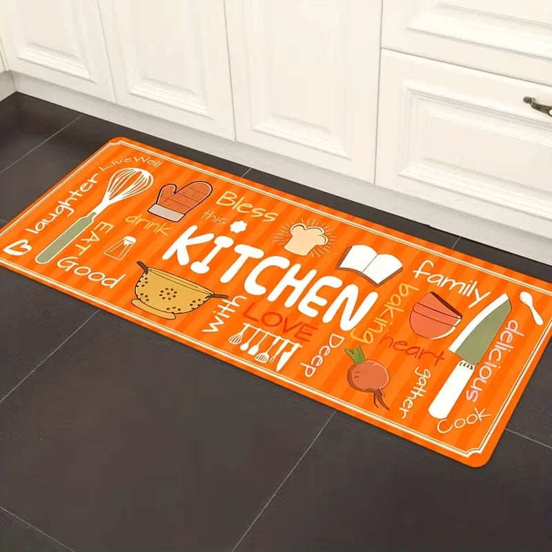Orangefarbener Küchenteppich mit Küchenutensilien- und Kochmotiv für Küche, Flur und Schlafzimmer – 40 × 60 bis 50 × 150 cm, weich, rutschfest