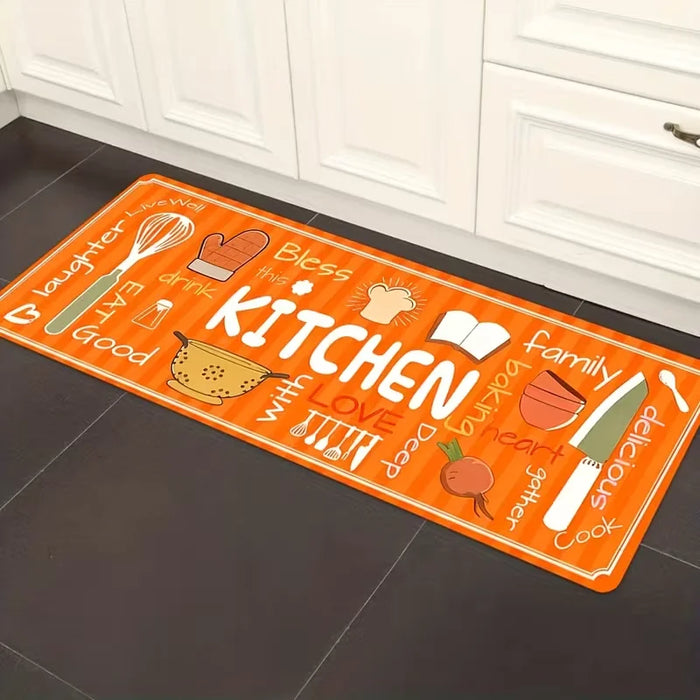 Orangefarbener Küchenteppich mit Küchenutensilien- und Kochmotiv für Küche, Flur und Schlafzimmer – 40 × 60 bis 50 × 150 cm, weich, rutschfest