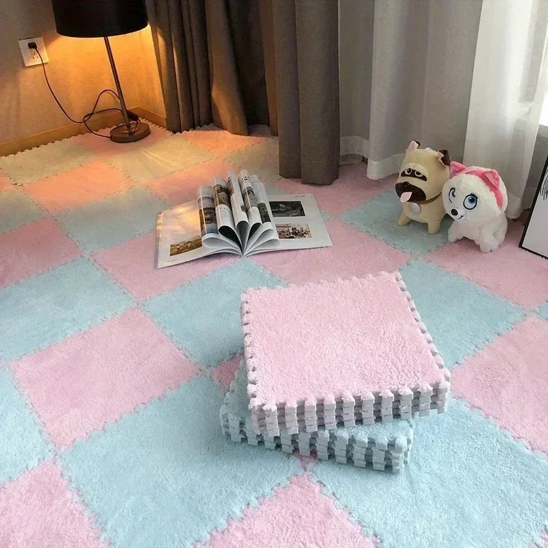 Flauschige Plüsch-Puzzlematten aus Schaumstoff zum Zusammenstecken fürs Wohnzimmer – je 30 × 30 cm, quadratisch, ineinandergreifend, 1 bis 16 Stück