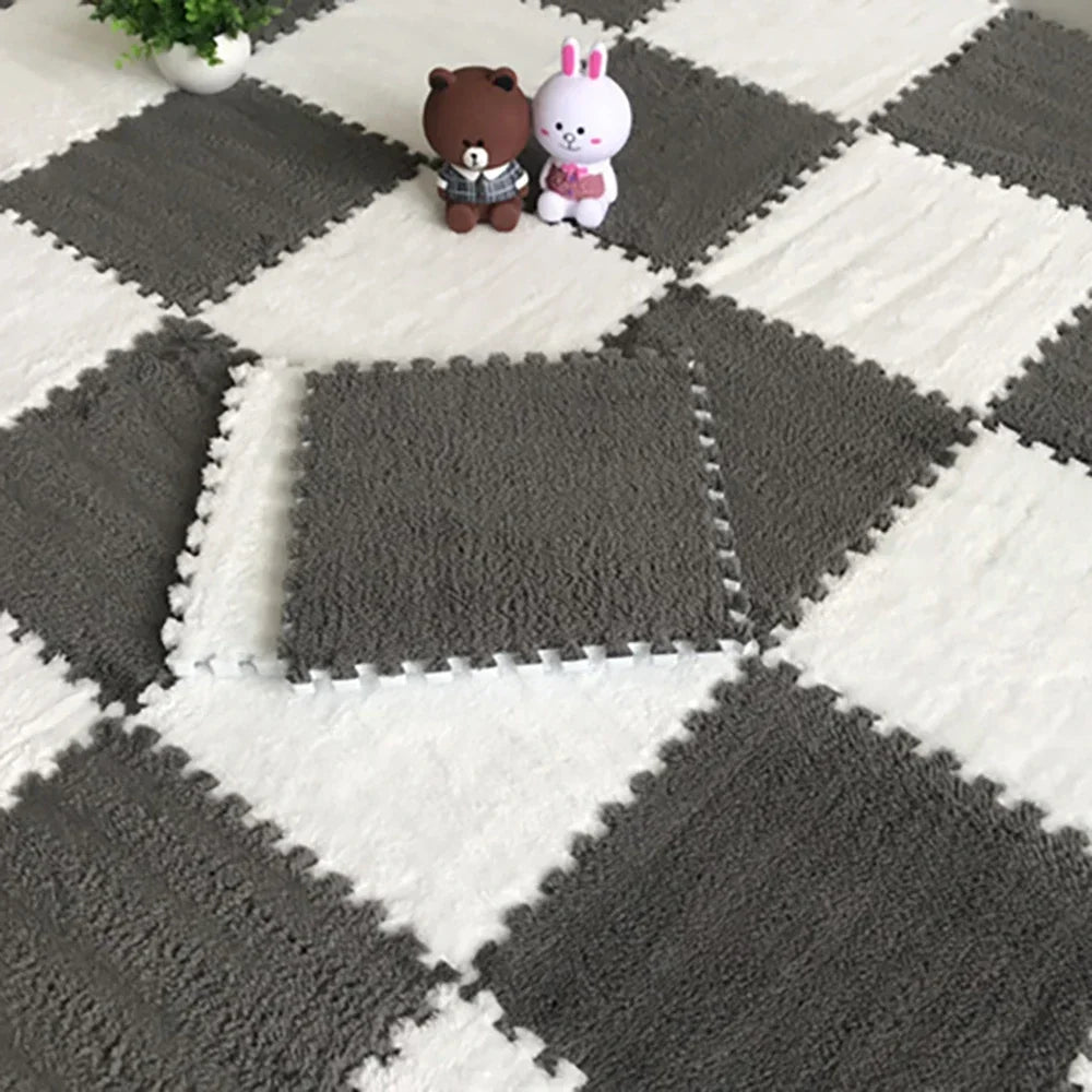 Zweifarbige Plüsch-Puzzlematte als Krabbelmatte für Babys in Kinderzimmer und Wohnzimmer – 30 × 30 × 1 cm, EVA-Schaum, 10 oder 20 Stück, 25 Varianten