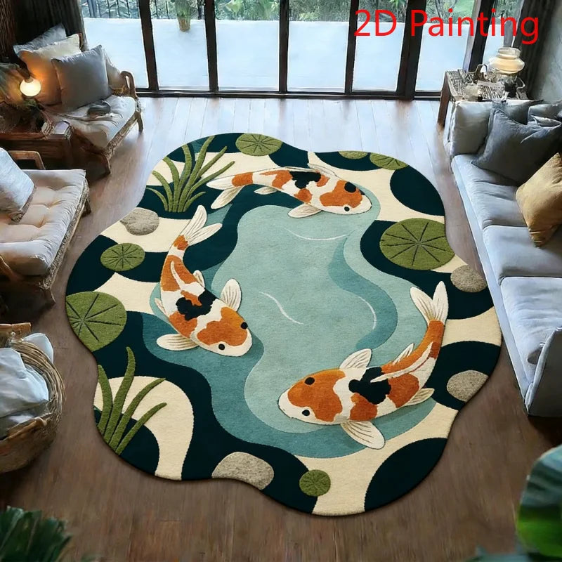 Runder Plüschteppich mit Koi-Karpfen-Muster für Wohnzimmer und Schlafzimmer – Ø 80 bis 250 cm, flauschig, rutschfest, 25 Motive