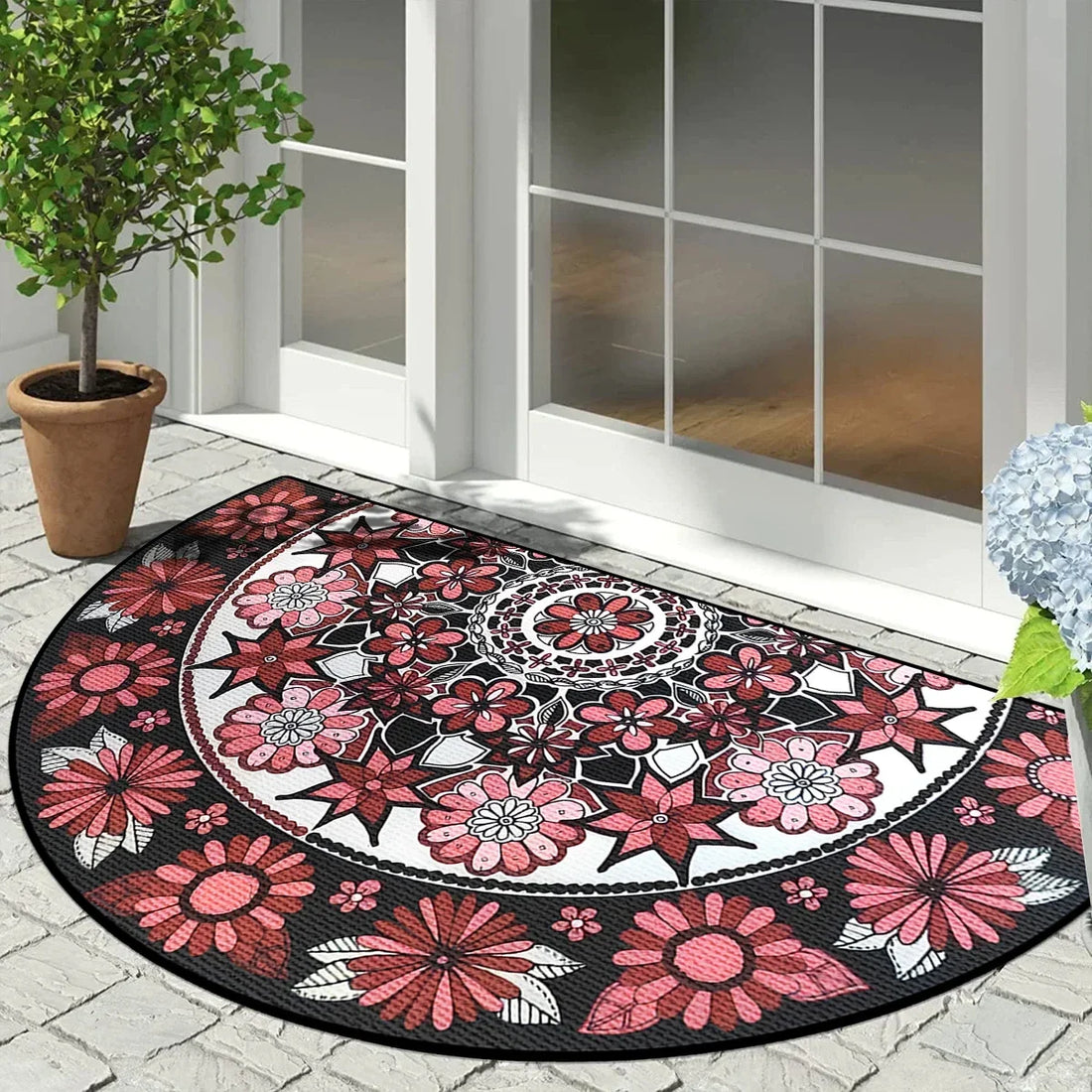 Halbrunde Fußmatte mit Mosaik-Blumenmuster im Vintage-Stil für Eingang, Veranda und Balkon – 40 × 60 bis 60 × 90 cm, rutschfest, 10 Motive