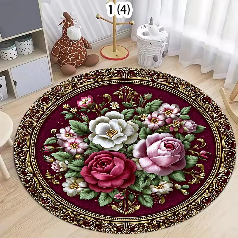 Runder Teppich mit Rosenmotiv im barocken Vintage-Stil für Wohnzimmer und Schlafzimmer – Ø 40 bis 120 cm, goldfarbener Ornamentrahmen, 4 Motive