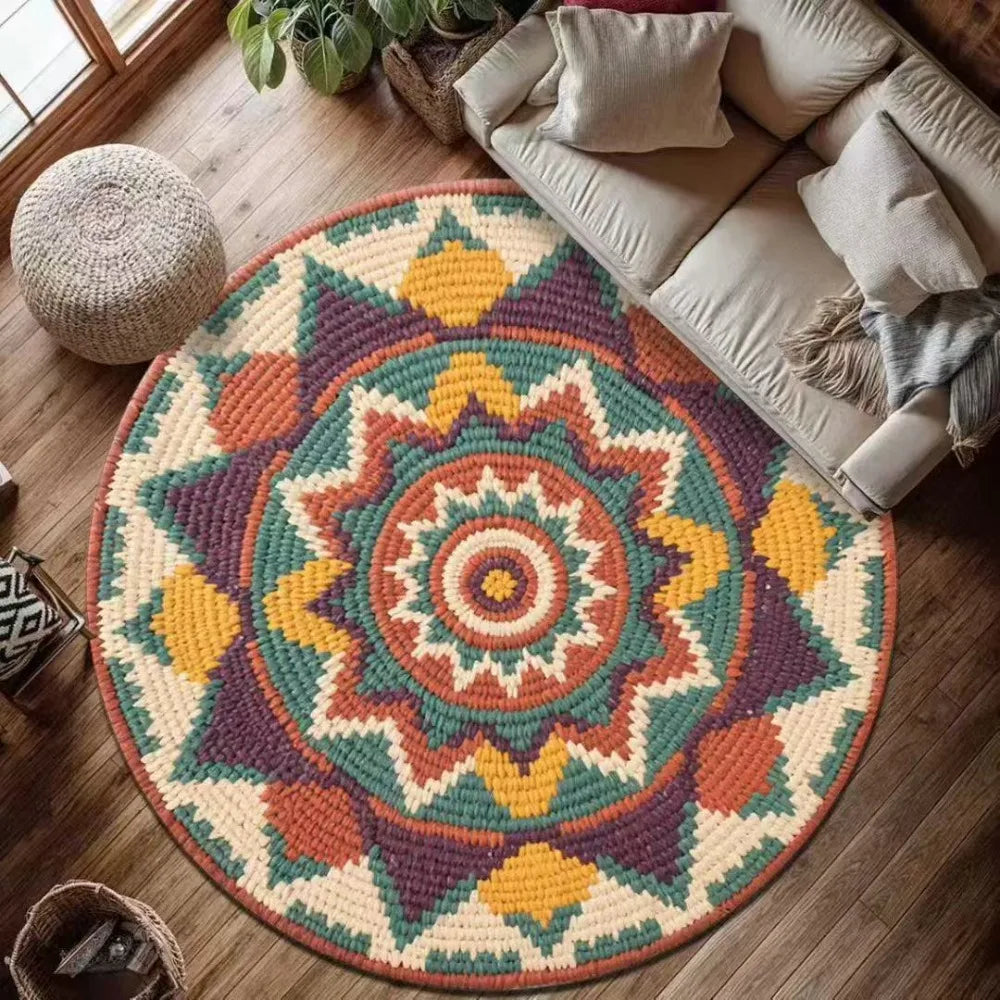 Runder Mandala-Teppich im Boho-Stil für Wohnzimmer und Schlafzimmer – Ø 40 bis 120 cm, bunt, geometrisch, rutschfest, waschbar, 8 Motive