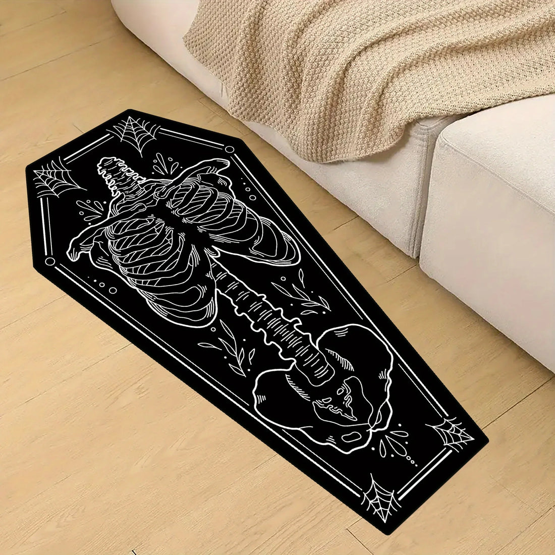 Teppich in Sargform mit Skelett-Motiv im Gothic-Stil für Wohnzimmer, Schlafzimmer und Halloween – 40 × 120 bis 60 × 180 cm, weich, rutschfest