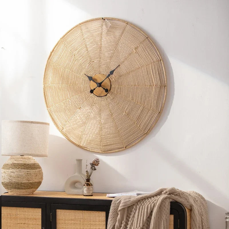 Rattan-Wanduhr im japanischen Stil aus Holz, Seil und Eisen für das Wohnzimmer – 60 × 60 oder 80 × 80 cm, rund, geräuschloses Quarzwerk