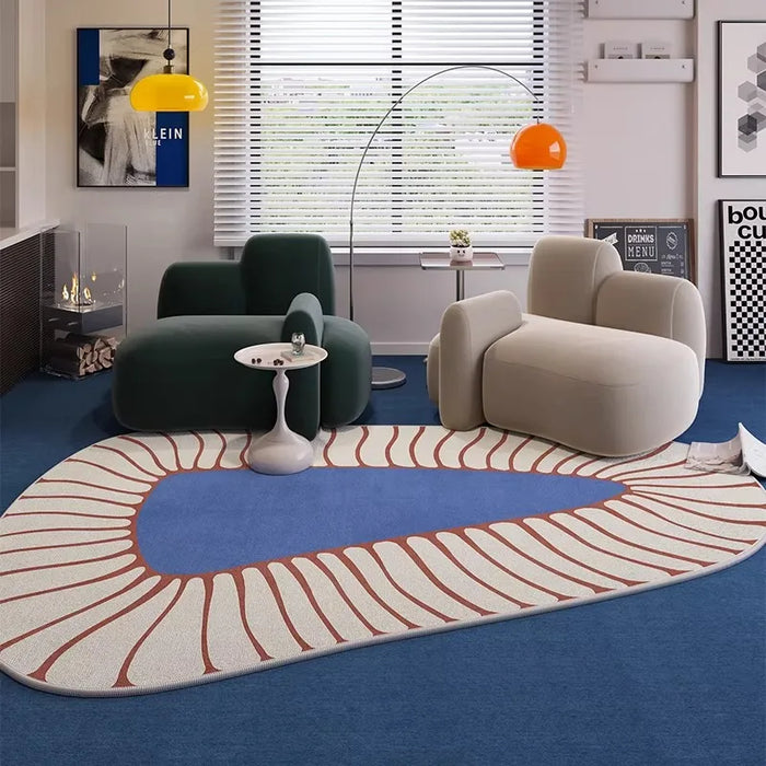 Kurzflor-Teppich in unregelmäßiger Form mit blau-cremefarbenem Muster für Wohnzimmer und Schlafzimmer – 50 × 80 bis 300 × 400 cm, fleckabweisend