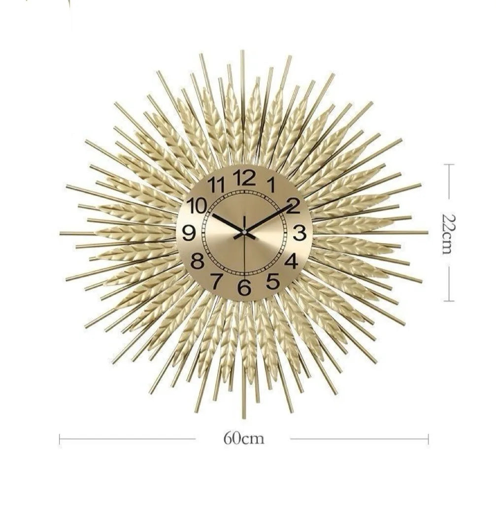 Große Wanduhr aus Metall im Vintage-Stil für Wohnzimmer und Schlafzimmer – Ø 60 cm, rund, Weizenähren-Design, lautloses Quarzwerk, Gold