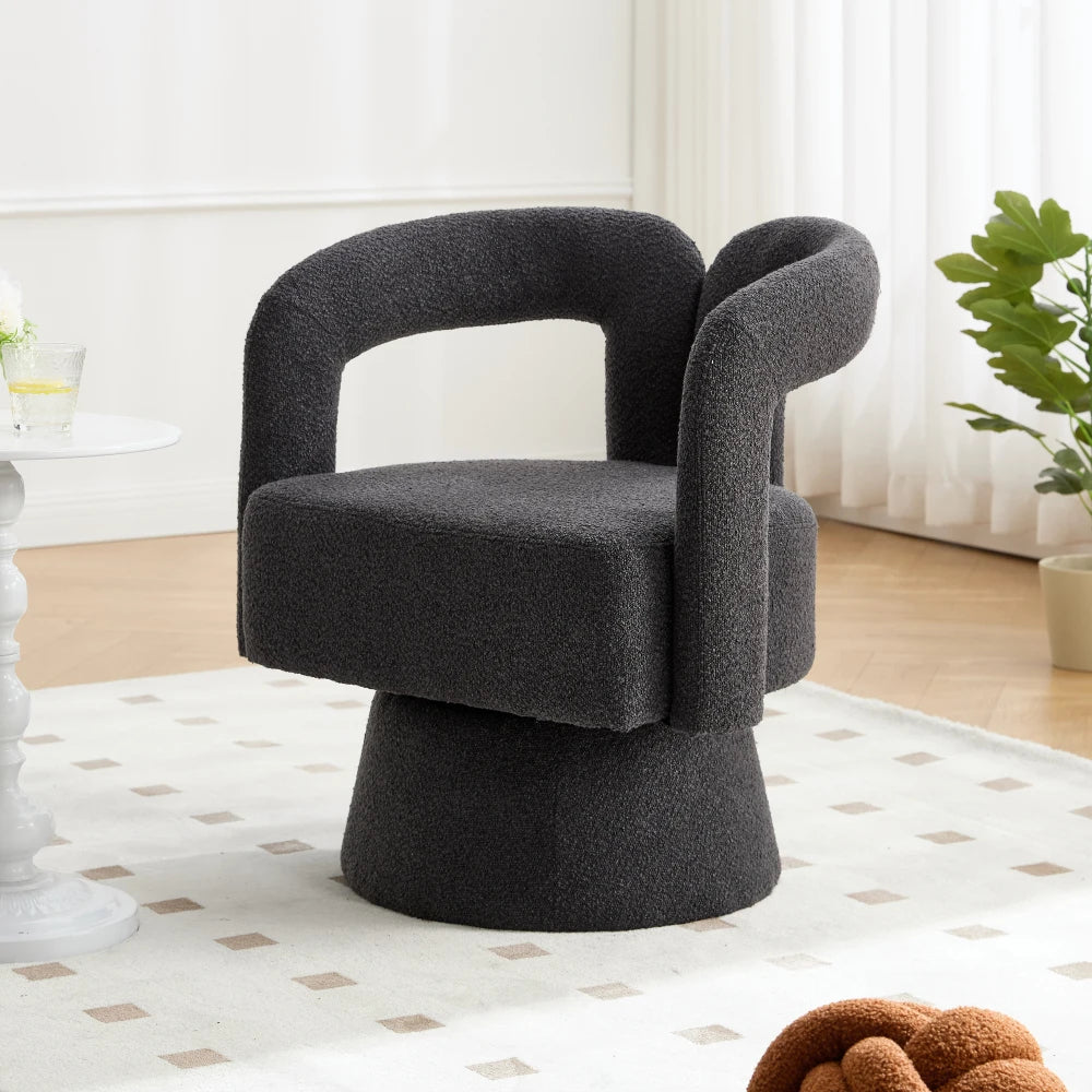 Drehbarer Bouclé-Sessel mit runder Form und breiten Armlehnen für Wohnzimmer und Schlafzimmer – 360° drehbar, 67 × 55 × 74 cm, 4 Farben