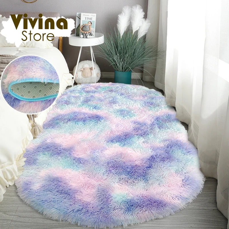 Flauschiger Plüschteppich im Regenbogen-Farbverlauf für Kinderzimmer und Schlafzimmer – 50 × 80 bis 160 × 230 cm, oval, 17 Farben