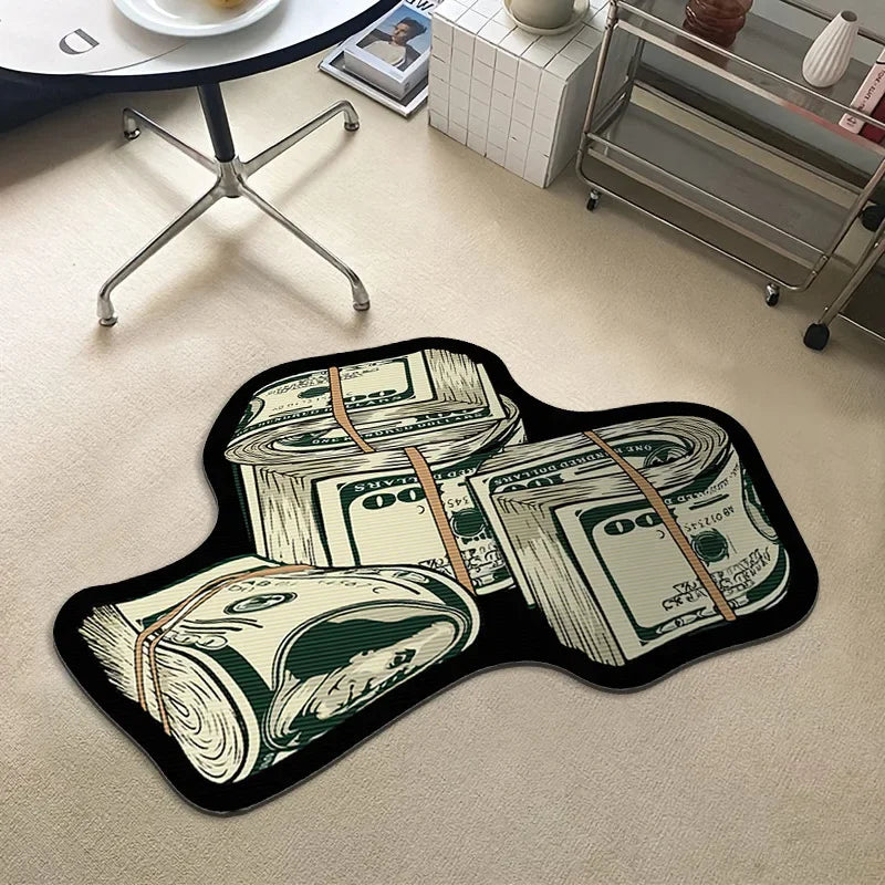 Teppich in Form von Dollar-Geldbündeln für Schlafzimmer, Wohnzimmer und Eingang – 40 × 60 bis 80 × 120 cm, Sonderform, rutschfeste Noppen, 9 Motive