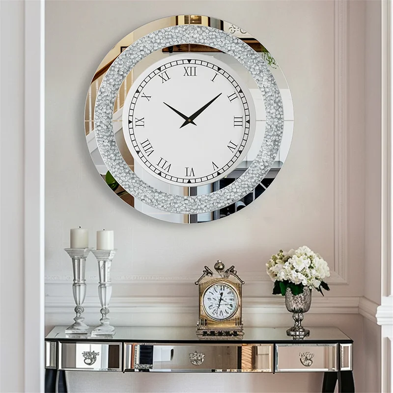 Große Spiegel-Wanduhr mit Glitzerring in Kristalloptik und römischen Ziffern für das Wohnzimmer – 60 × 60 cm, rund, gehärtetes Glas, 2 Ausführungen