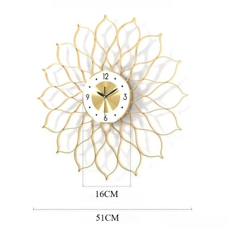 Große Design-Wanduhr aus Metall mit goldenen Lotusblättern aus Draht für Wohnzimmer und Schlafzimmer – Ø 55 cm, lautlos, Metall-Zifferblatt