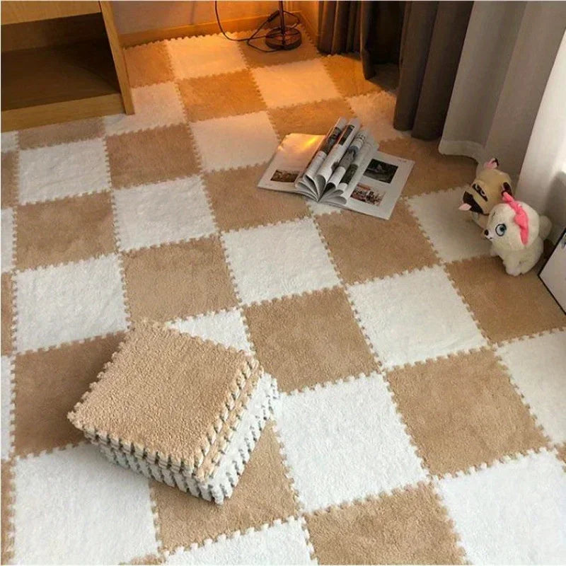 Flauschige Plüsch-Puzzlematten aus Schaumstoff zum Zusammenstecken fürs Wohnzimmer – je 30 × 30 cm, quadratisch, ineinandergreifend, 1 bis 16 Stück