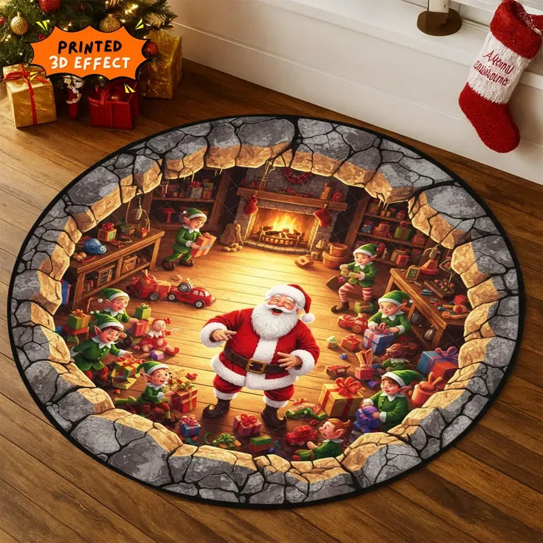 Runder Weihnachtsteppich mit Weihnachtsmann in 3D-Optik für Wohnzimmer und Eingang – Ø 40 bis 120 cm, Flanell, rutschfest, waschbar, 8 Motive