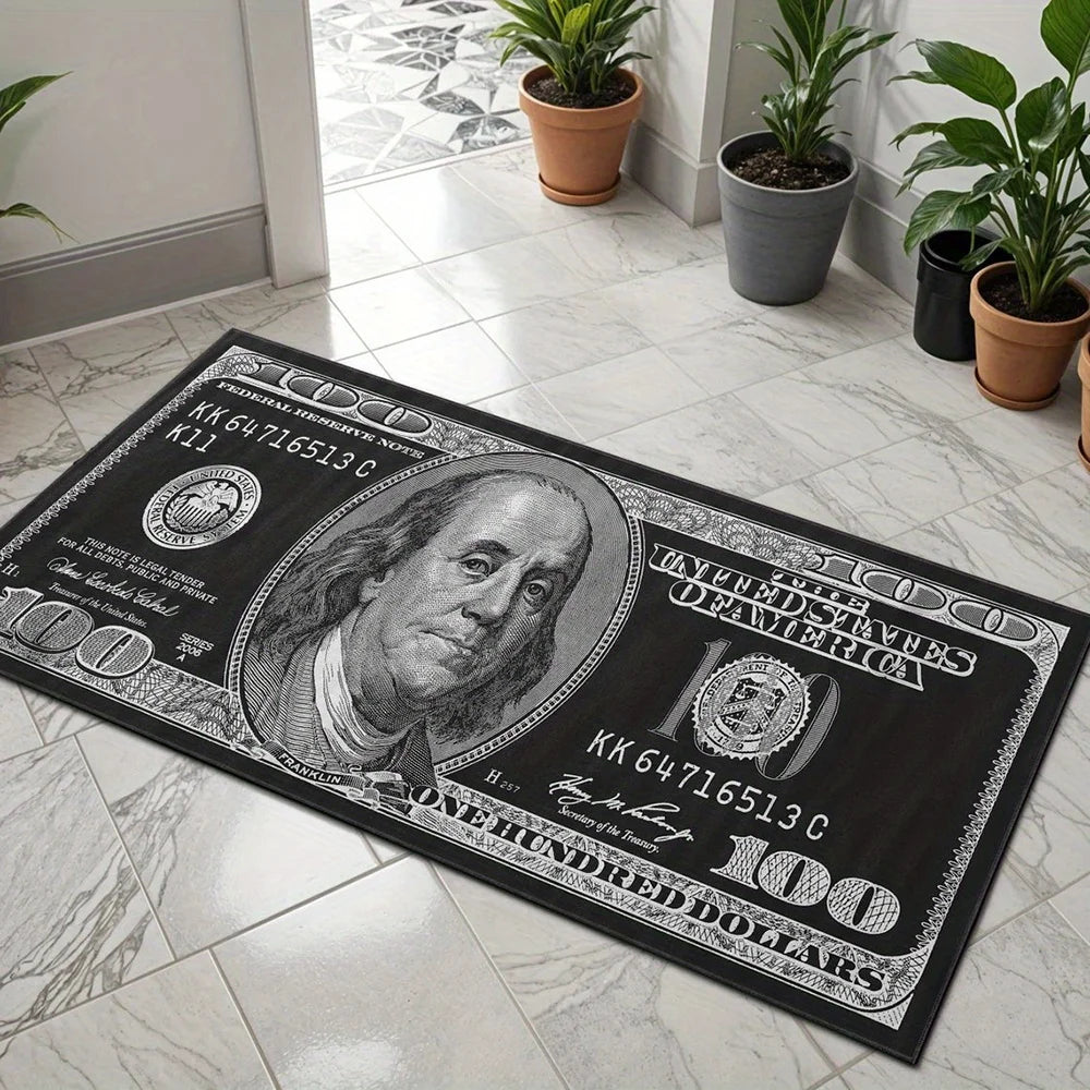 Läufer mit 100-Dollar-Schein-Motiv in Schwarz-Weiß für Eingang, Küche und Schlafzimmer – 50 × 120 oder 50 × 160 cm, rutschfest, waschbar