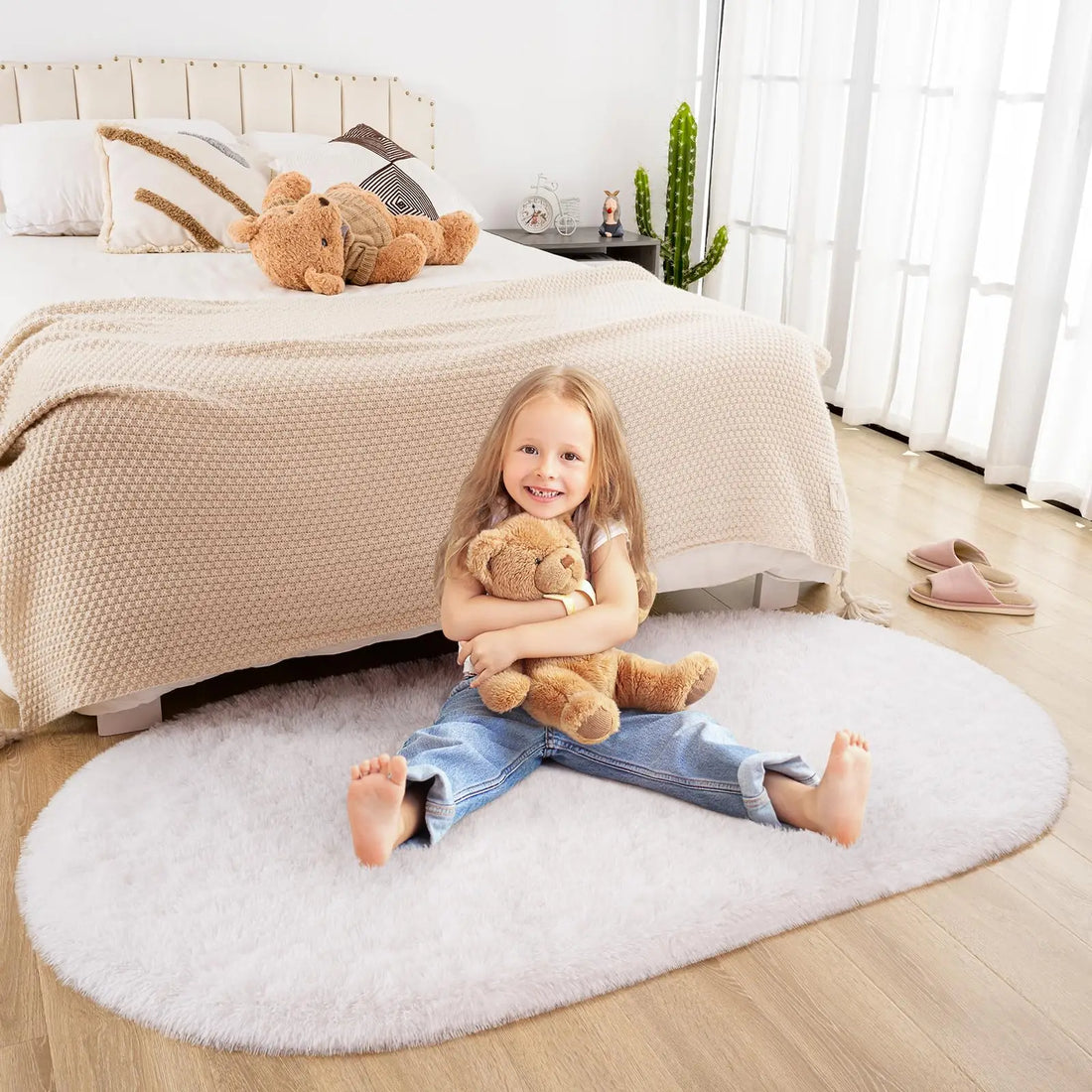 Ovaler Plüschteppich mit flauschigem Flor für Wohnzimmer, Kinderzimmer und Balkon – 40 × 60 bis 180 × 200 cm, ca. 3 cm Florhöhe, 10 Farben