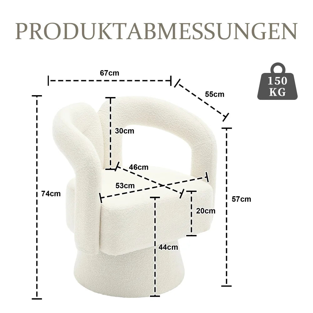 Drehbarer Bouclé-Sessel mit runder Form und breiten Armlehnen für Wohnzimmer und Schlafzimmer – 360° drehbar, 67 × 55 × 74 cm, 4 Farben