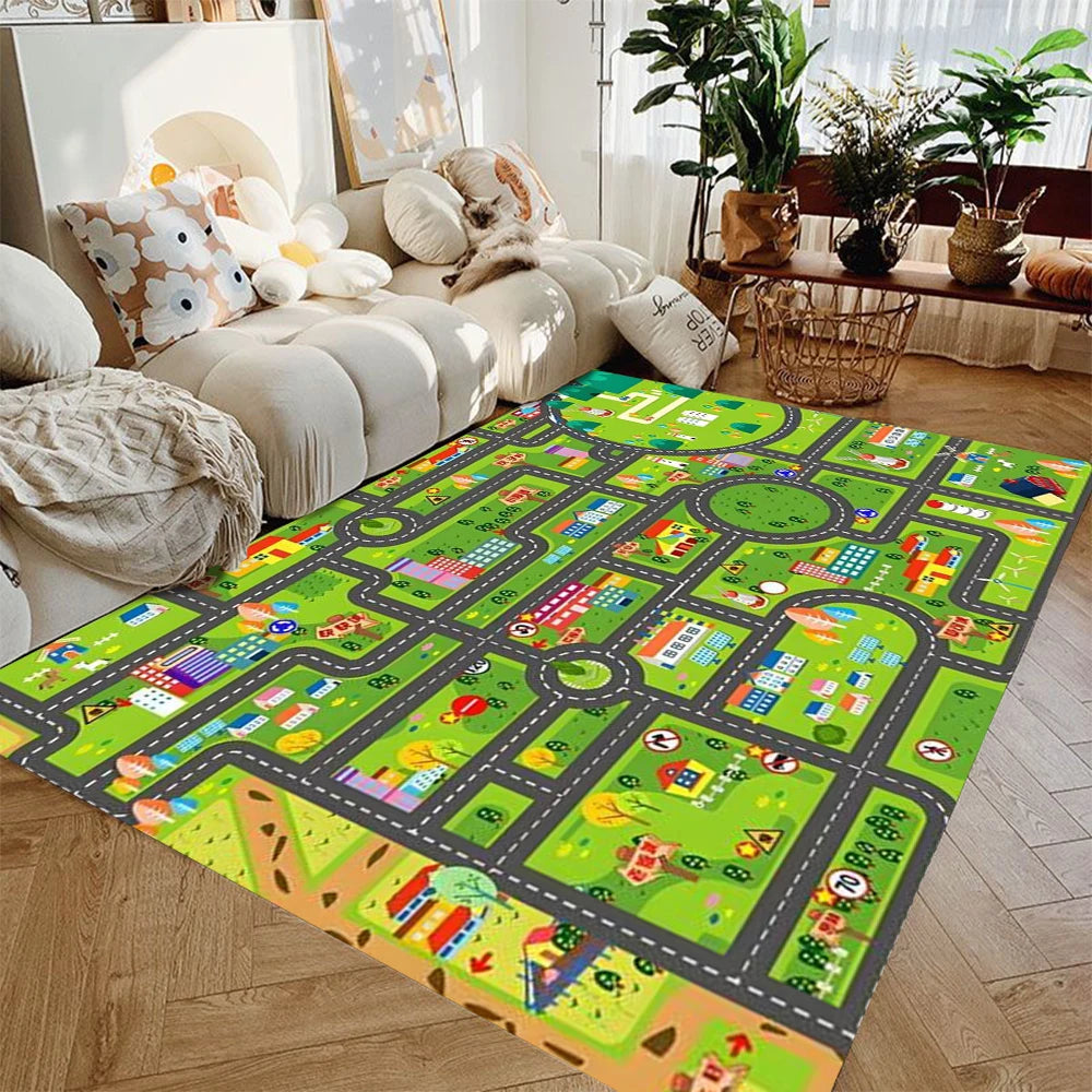 Spielteppich mit Rennstrecken- und Flughafenmotiv für Spielzeugautos im Kinderzimmer – 40 × 60 bis 120 × 160 cm, Flanell, rutschfest, 6 Motive