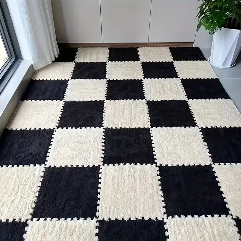 Plüsch-Puzzlematte in Zweifarb-Kombinationen für Wohnzimmer und Spielzimmer – 30 × 30 × 1 cm, BPA-frei, rutschfest, 4 bis 20 Platten, 9 Farben
