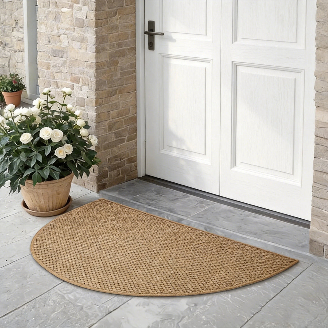 Halbrunde Fußmatte in Jute-Optik für Haustür, Eingang und Bad – 40 × 60 bis 80 × 120 cm, 6–7 mm flach, rutschfeste TPR-Rückseite, waschbar, Braun