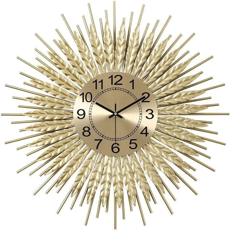 Große Wanduhr aus Metall im Vintage-Stil für Wohnzimmer und Schlafzimmer – Ø 60 cm, rund, Weizenähren-Design, lautloses Quarzwerk, Gold