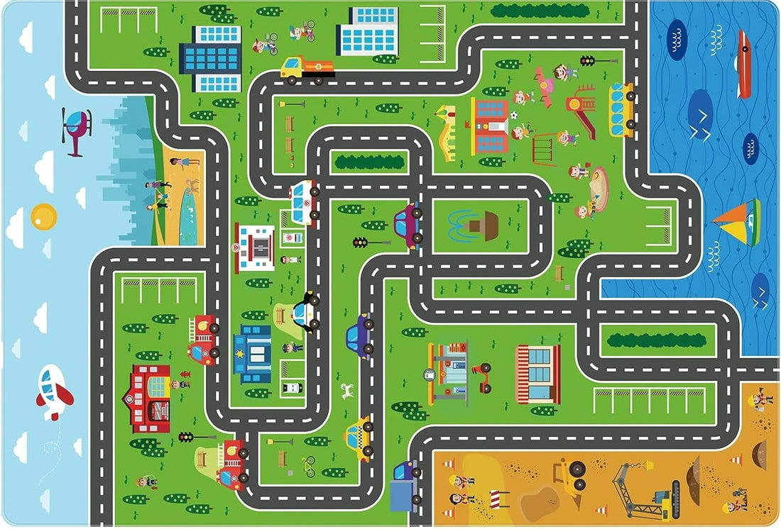 Kinderspielteppich mit Straßen- und Stadtverkehr-Motiv für Kinderzimmer und Wohnzimmer – 40 × 60 bis 120 × 160 cm, Flanell, rutschfest, 5 Motive