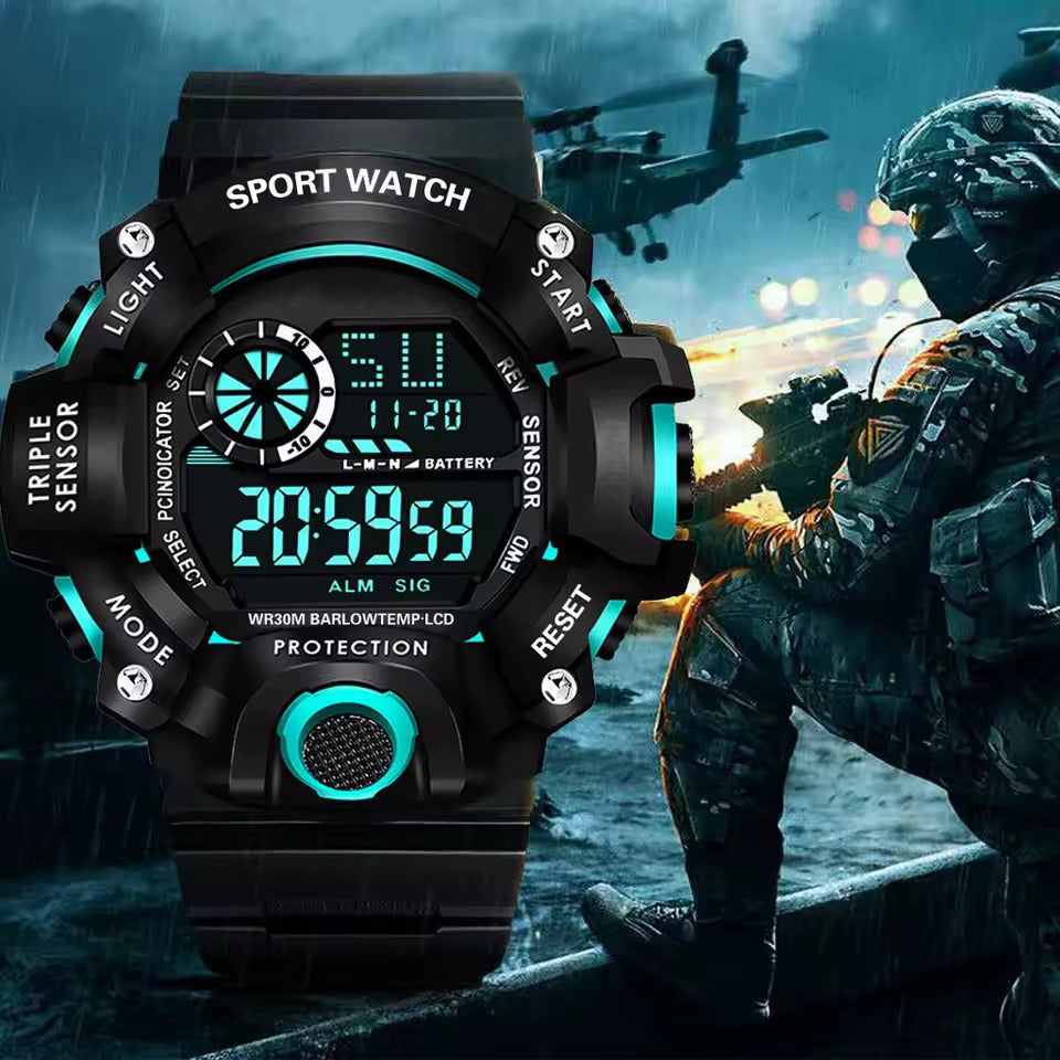 Digitale Herren-Sportuhr mit Silikonarmband für Training und Alltag – wassergeschützt bis 30 m, Stoppuhr, Wecker, Beleuchtung, Datum, 4 Farben