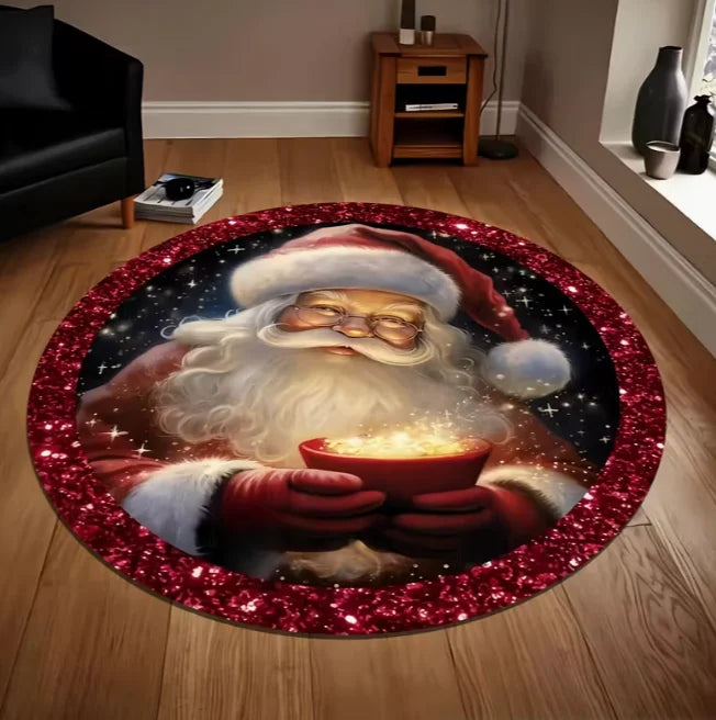 Runder Weihnachtsteppich mit Weihnachtsmann und Schneeflocken für Wohnzimmer und Spielzimmer – Ø 40 bis 120 cm, Flanell, rutschfest, 4 Motive
