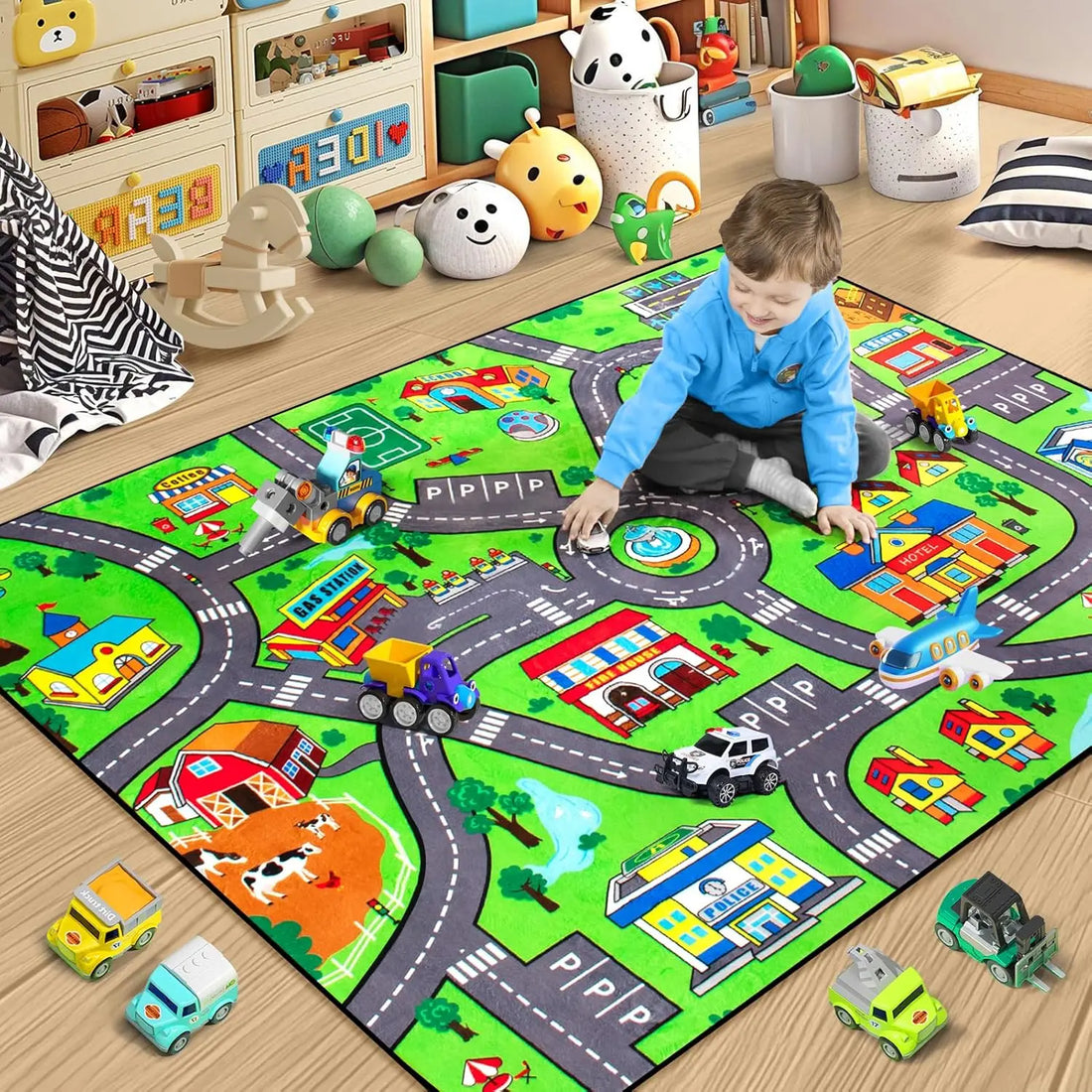 Kinder-Spielteppich mit Rennstrecke und Verkehrszeichen für Kinderzimmer und Wohnzimmer – 50 × 80 bis 120 × 160 cm, weich, rutschfest, 4 Motive