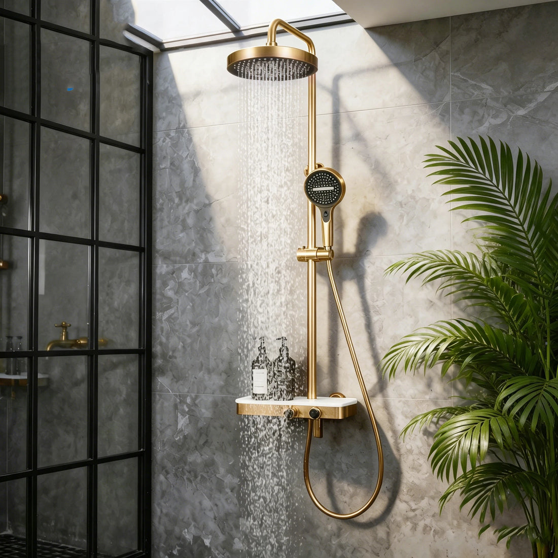 Aufputz-Duschsystem aus Messing mit Ablage und Knopfbedienung für das Badezimmer – 3 Funktionen, Kopfbrause 28 cm, Handbrause, Wannenstrahl, 6 Farben