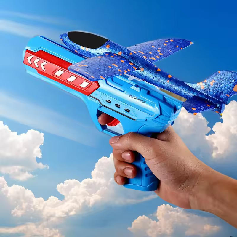 Wurfgleiter mit Katapult-Starter aus EPP-Schaum für Garten, Park und Strand – Flugzeug ca. 23 × 24 cm, abnehmbare Flügel, Rot oder Blau