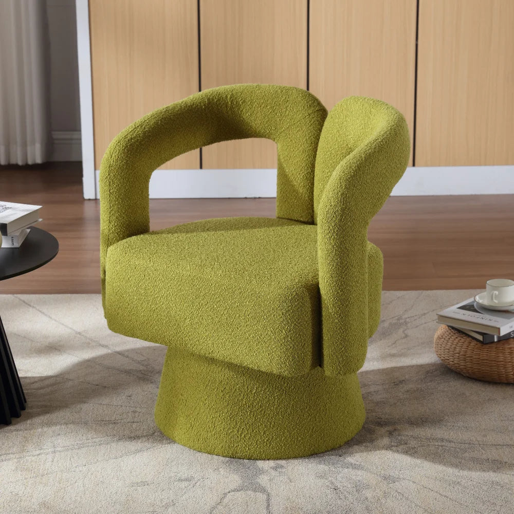 Drehbarer Bouclé-Sessel mit runder Form und breiten Armlehnen für Wohnzimmer und Schlafzimmer – 360° drehbar, 67 × 55 × 74 cm, 4 Farben