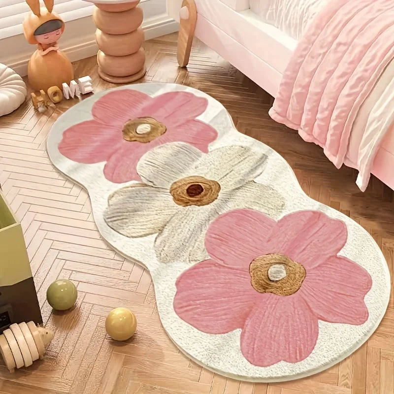 Geschwungener Plüschteppich mit großem Blumenmotiv im nordischen Stil für Schlafzimmer und Mädchenzimmer – 40 × 100 bis 60 × 160 cm, weich, 4 Motive