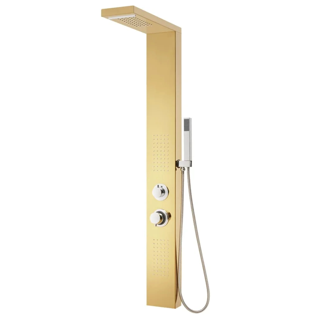 Duschpaneel-System aus Edelstahl mit 4 Funktionen für Badezimmer, Hotel und Spa – quadratisch, Regen, Wasserfall, Massagedüsen, Handbrause, Gold