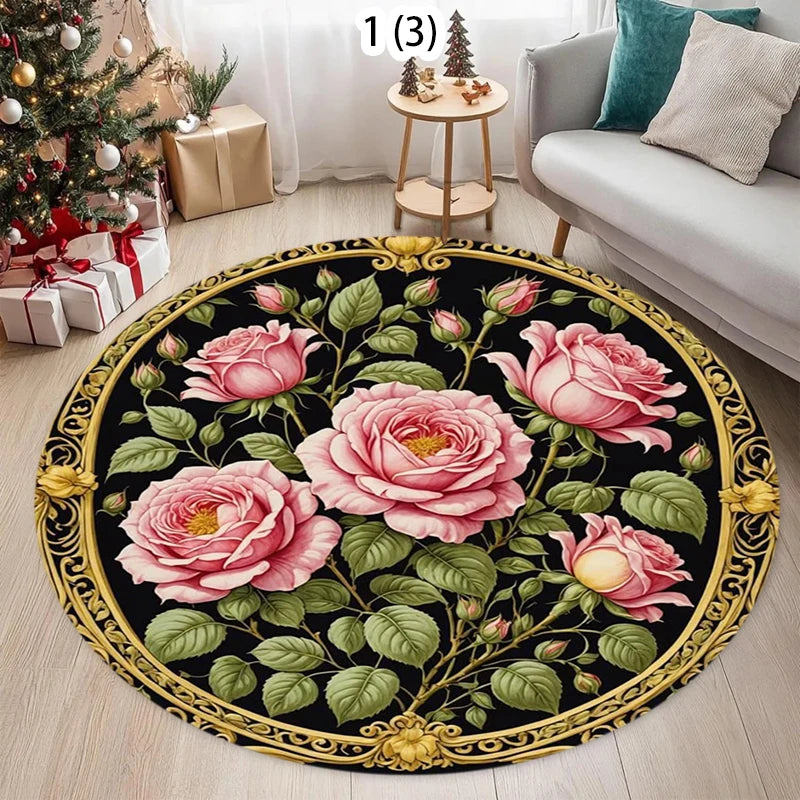 Runder Teppich mit Rosenmotiv im barocken Vintage-Stil für Wohnzimmer und Schlafzimmer – Ø 40 bis 120 cm, goldfarbener Ornamentrahmen, 4 Motive