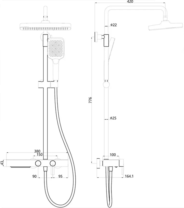 Aufputz-Duschsystem aus Messing mit Ablage und Knopfbedienung für das Badezimmer – 3 Funktionen, Kopfbrause 28 cm, Handbrause, Wannenstrahl, 6 Farben