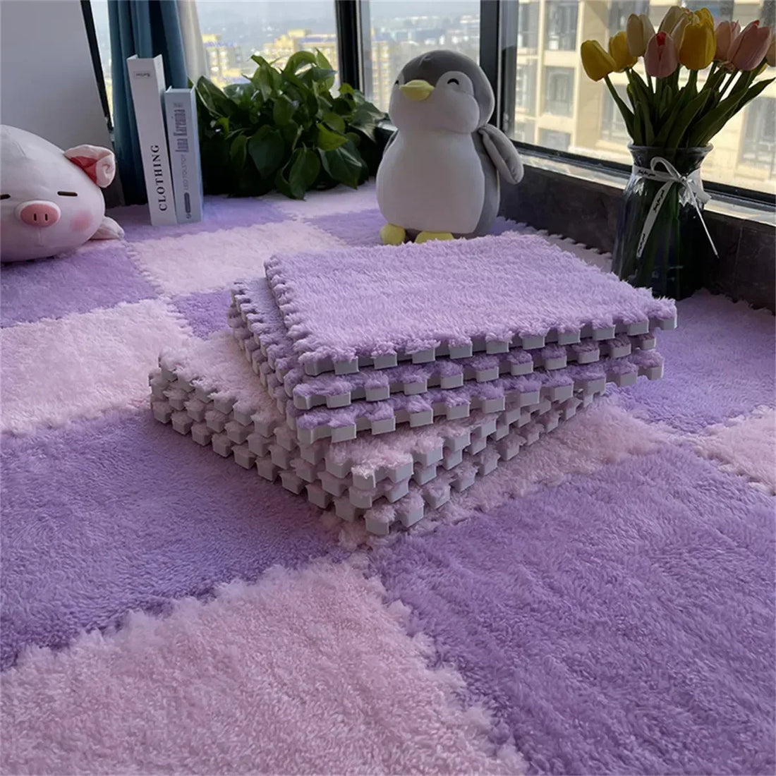 Weiche Spielmatte aus Plüsch-Puzzlefliesen mit EVA-Schaumkern für Babys und Kinder – 30 × 30 × 1 cm, zuschneidbar, 10 oder 20 Stück, 23 Farben