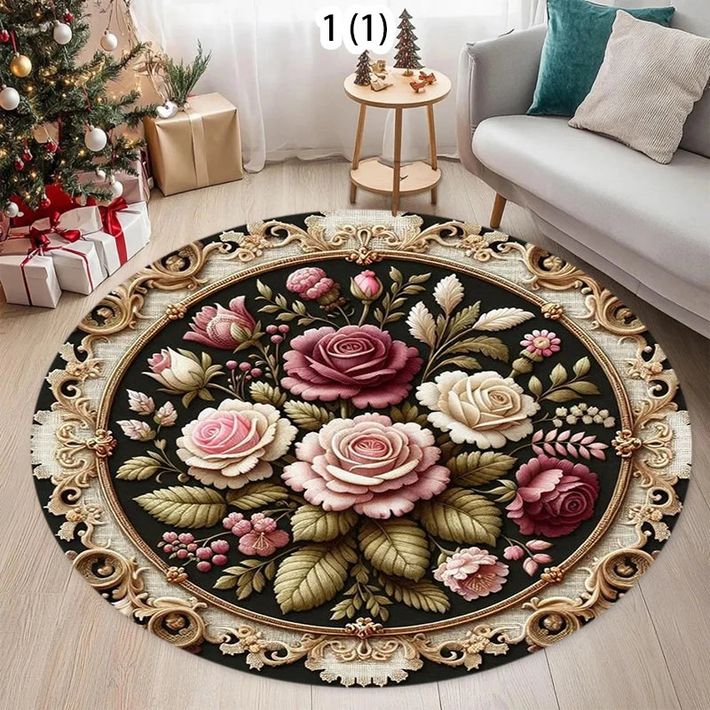 Runder Teppich mit Rosenmotiv im barocken Vintage-Stil für Wohnzimmer und Schlafzimmer – Ø 40 bis 120 cm, goldfarbener Ornamentrahmen, 4 Motive