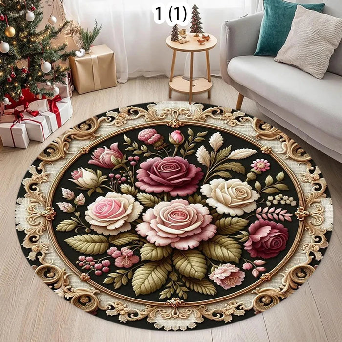 Runder Teppich mit Rosenmotiv im barocken Vintage-Stil für Wohnzimmer und Schlafzimmer – Ø 40 bis 120 cm, goldfarbener Ornamentrahmen, 4 Motive